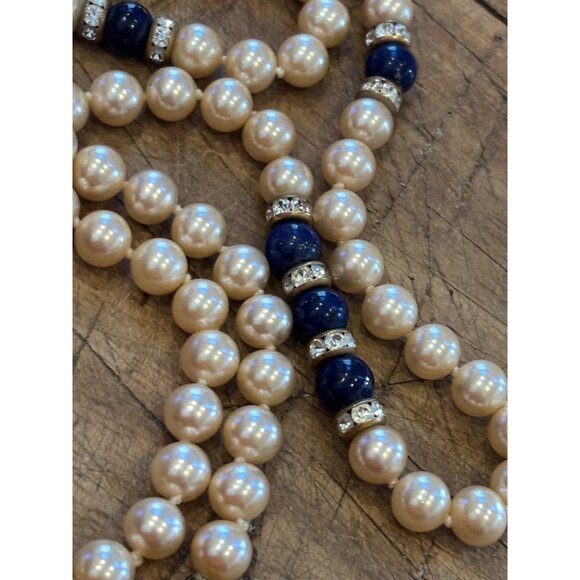 Vintage Pearl & Blue Beaded Necklace With Rhinestone Accents & Decorative Clasp - Picture 1 of 9